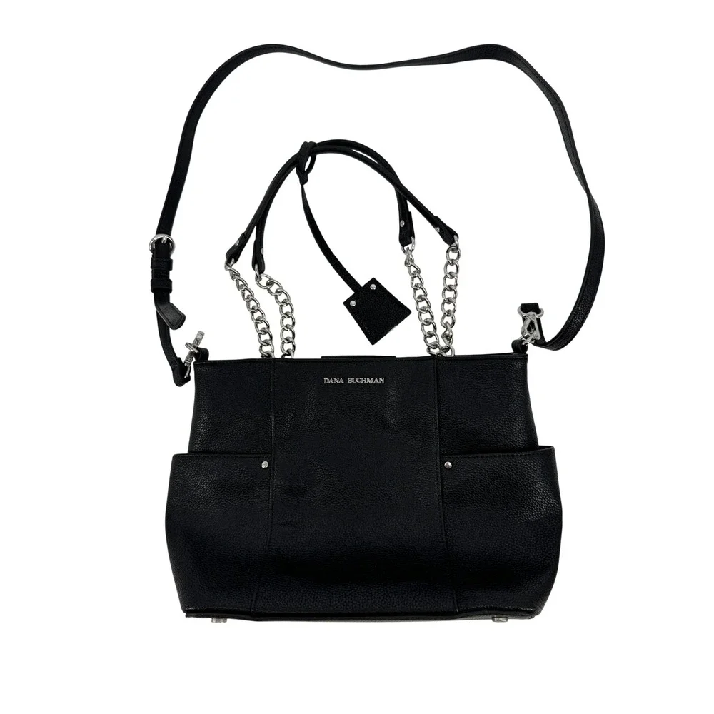 Dana Buchman Handbag Women Medium Black Pebbled Crossbody Tote Silver Chain